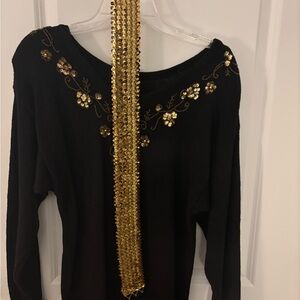 Vintage Y2K Gold Sequin Long Black Sweater Dress with Sequin Belt M